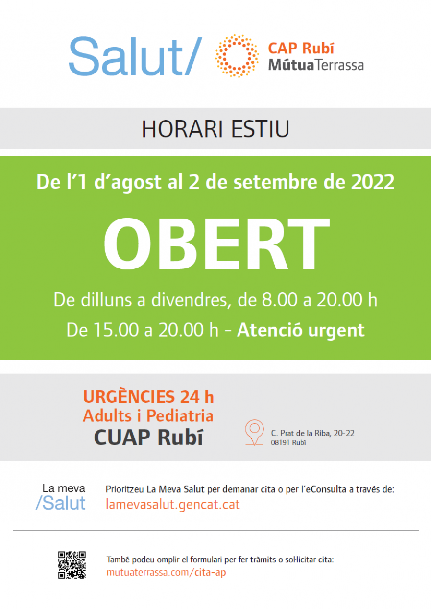 Horari del CAP Rubí des de l’1 d’agost al 2 de setembre