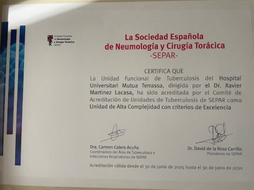 La Unitat de Tuberculosi de l’HUMT, reacreditada per la Societat Espanyola de Pneumologia i Cirurgia Toràcica
